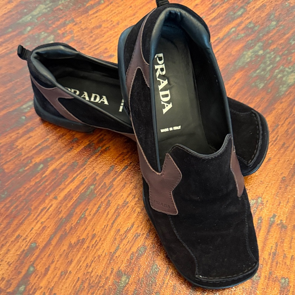 Prada Men's Black and Dark Brown Slip-Ons